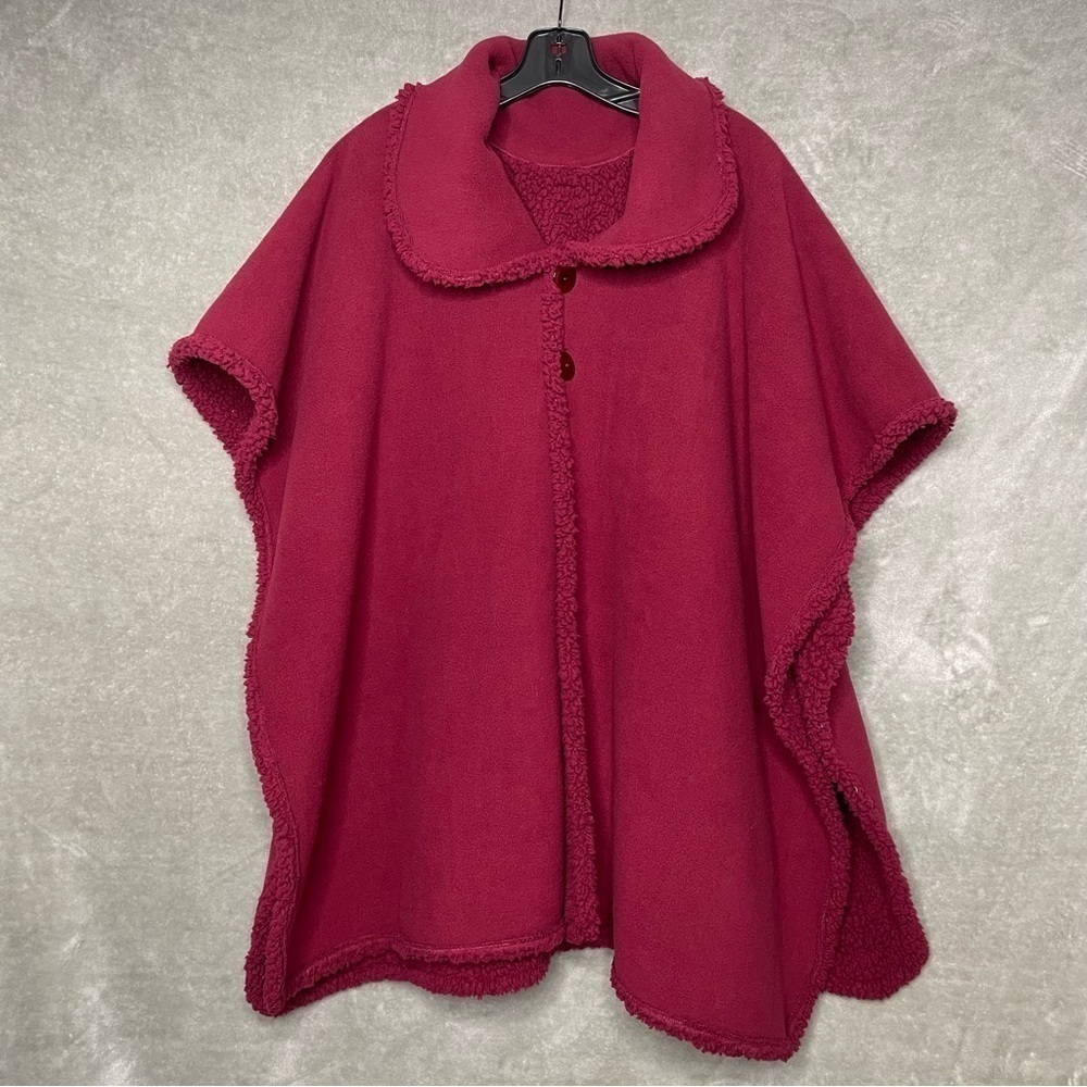 Red Fleece Sherpa Poncho One Size Oversized Cape Peter Pan Collar Holiday Wrap